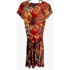 Lauren Ralph Lauren Faux Wrap Dress Sz S Red Multi Paisley Leather Belt